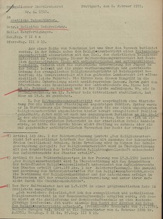 Landeskirchliches Archiv Stuttgart, Dekanatsarchiv Esslingen, Nr. 628 Erlass des Oberkirchenrats vom 8. Februar 1939, der sich mit dem