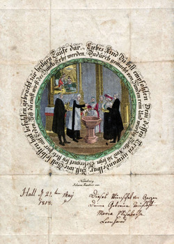 Landeskirchliches Archiv, Museale Sammlung, Nr. 91.103-03 Taufbrief von Taufpatin Maria Elisabetha Leonhard, Hall, 1818, k