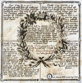 Taufbrief von Taufpate Johann Michael Reiz, 1767, Kupferstich