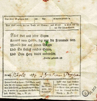 Taufbrief von Taufpatin Christiane XX, 1836, kolorierter Kupfers