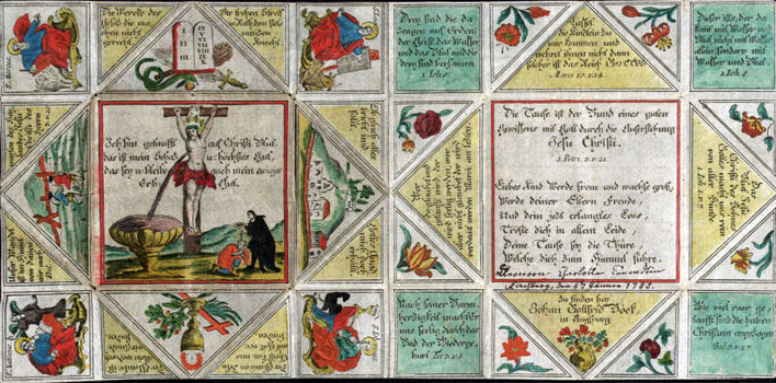 Landeskirchliches Archiv, Museale Sammlung, Nr. 05.017-02 Taufbrief für Eleonora Charlotte Cunradin, Kirchberg 1785, kolor