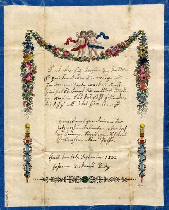 Landeskirchliches Archiv Stuttgart, Museale Sammlung, Nr. 91.103-05 Taufbrief von Taufpate Johann Andreas Reitz, Hall, 1834, handges