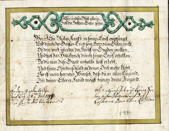 Landeskirchliches Archiv, Museale Sammlung, Nr. 93.103-09 Taufbrief von Taufpatin Susanna Dorothea Köhlerin, 1797handgesch