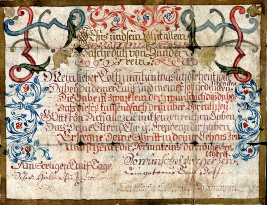 Landeskirchliches Archiv Stuttgart, Museale Sammlung, Nr. 93.372 Taufbrief von Taufpatin Eva Maria XX, Stadtmännin, Schw. Hall, 1