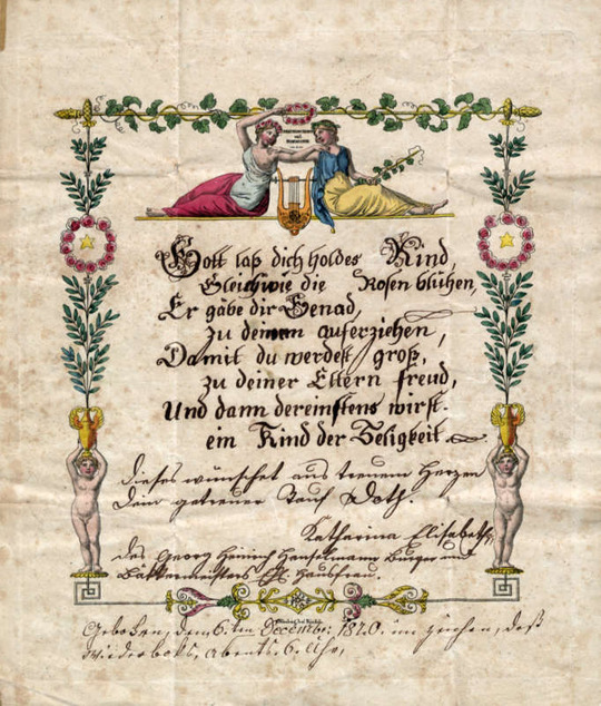 Landeskirchliches Archiv, Museale Sammlung, Nr. 93.373 Taufbrief von Taufpatin Katharina Eilsabetha Hanselmann, 1870, h
